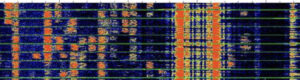 An FT8 waterfall with an extremely strong (relatively) RTTY signal interfering where it isn’t welcome.