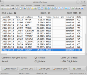 Snip of my cqrlog showing 12 HELL contacts yesterday.