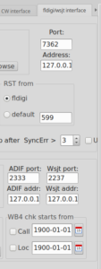 The CQRlog Preferences, on the tab that deals with wsjt-x and fldigi. Note the ADIF section. ADIF port 2333 ADIF addr 127.0.0.1