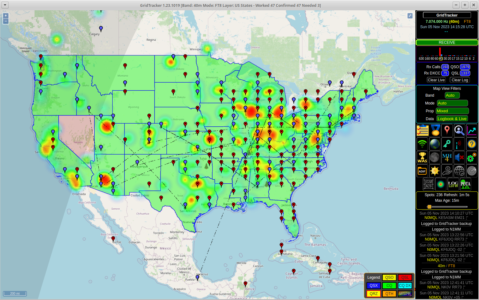 Screenshot of GridTracker showing that on 40m the only state I'm missing (in the lower 48) is Nevada.