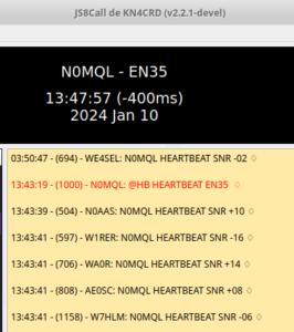 Cropped screenshot from JS8Call showing my stations HB transmission, and several responses to it.