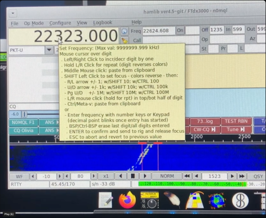 Screenshot of fldigi showing a signal on the waterfall. The frequency shows 223.23MHz.