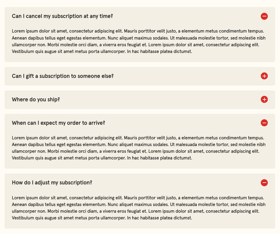 Screenshot of the FAQ page of shop.dunnbrothers.com, wherein 3 of the 5 questions have been expanded. The answer in each is identical "Lorem ipsum" placeholder text.