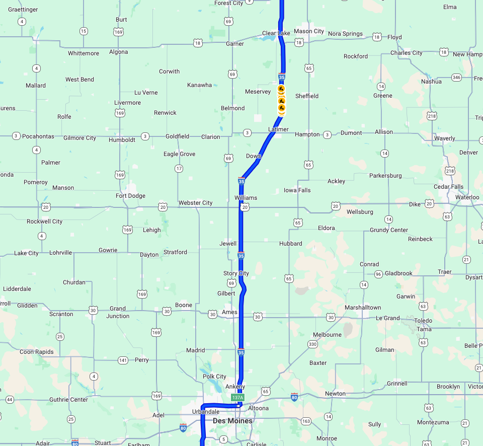 Cropped screenshot of #GoogleMaps route taking I-35 North through #Iowa. The section shown starts South of #DesMoines and ends North of #MasonCity