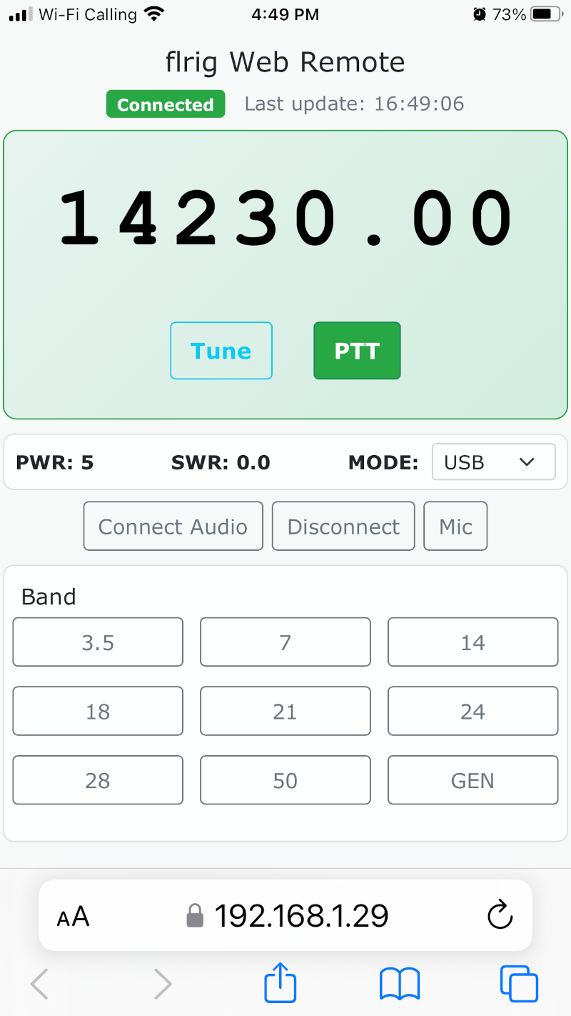 Screenshot of iPhone shows frequency in large fond, then Tune and PTT buttons, they're all in a pale green box. Next row displays PWR:5, SWR:0.0, MODE: USB (this is a dropdown). Next row, 3 buttons: Connect Audio, Disconnect, Mic. Next is a box with nine buttons. In the upper left the box is titled "Band", and the buttons follow: 3.5, 7, 14 18, 21, 24 28, 50, GEN At the bottom is the URL bar that shows a local LAN IP address.